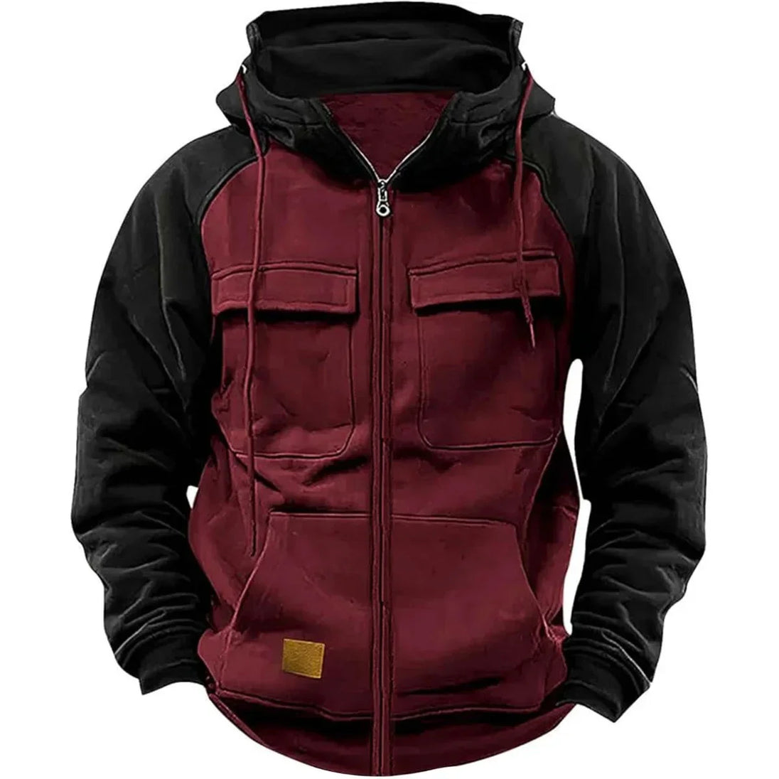 Maroon and black hooded jacket with multiple pockets on a white background