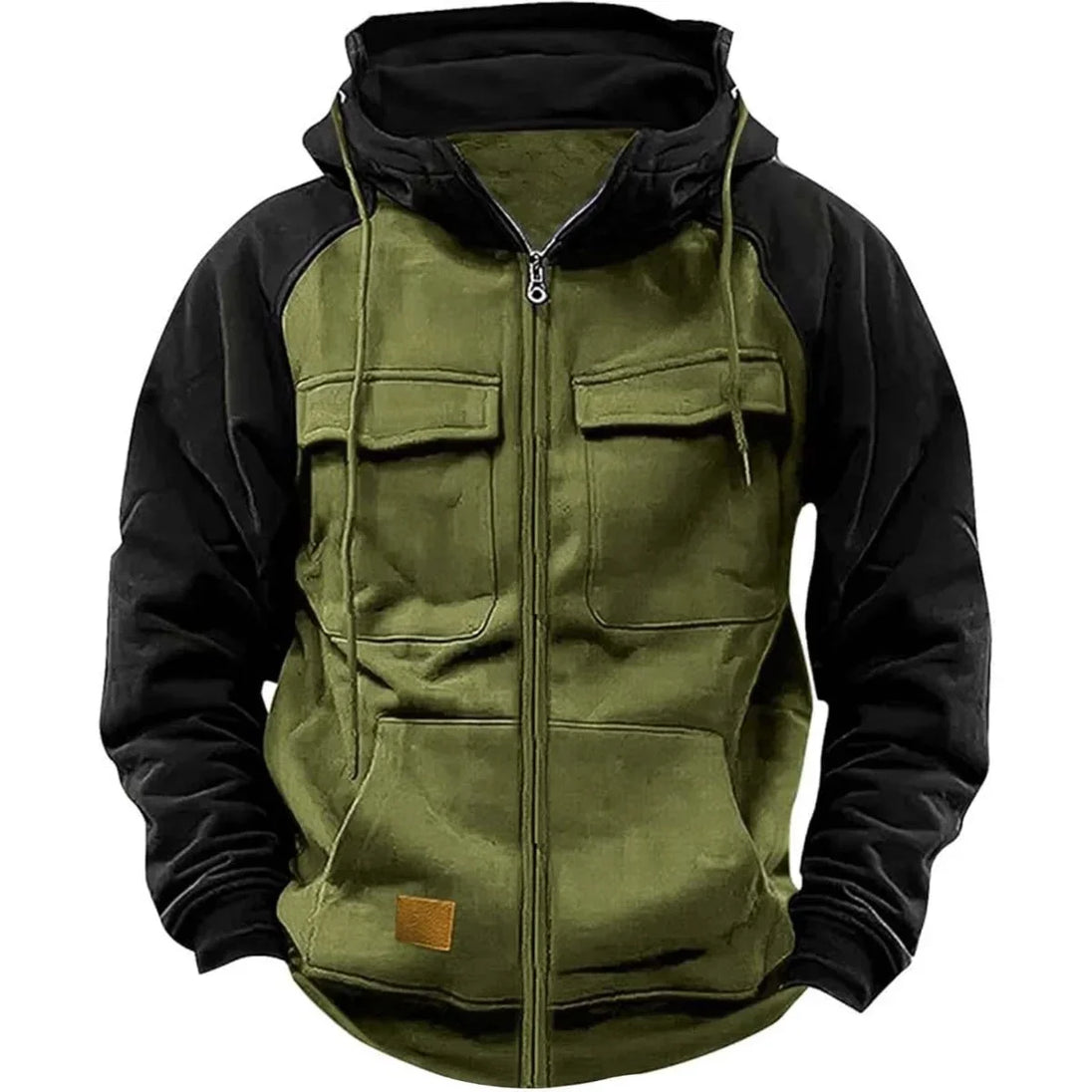 Green and black hooded jacket with multiple pockets on a white background