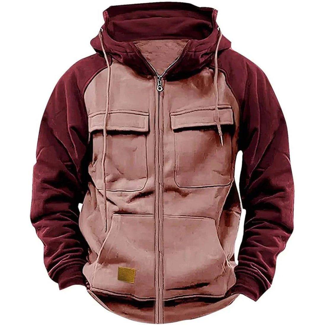 Two-tone hoodie with maroon and brown colors on a white background