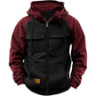 Black and maroon hoodie with multiple pockets on a white background
