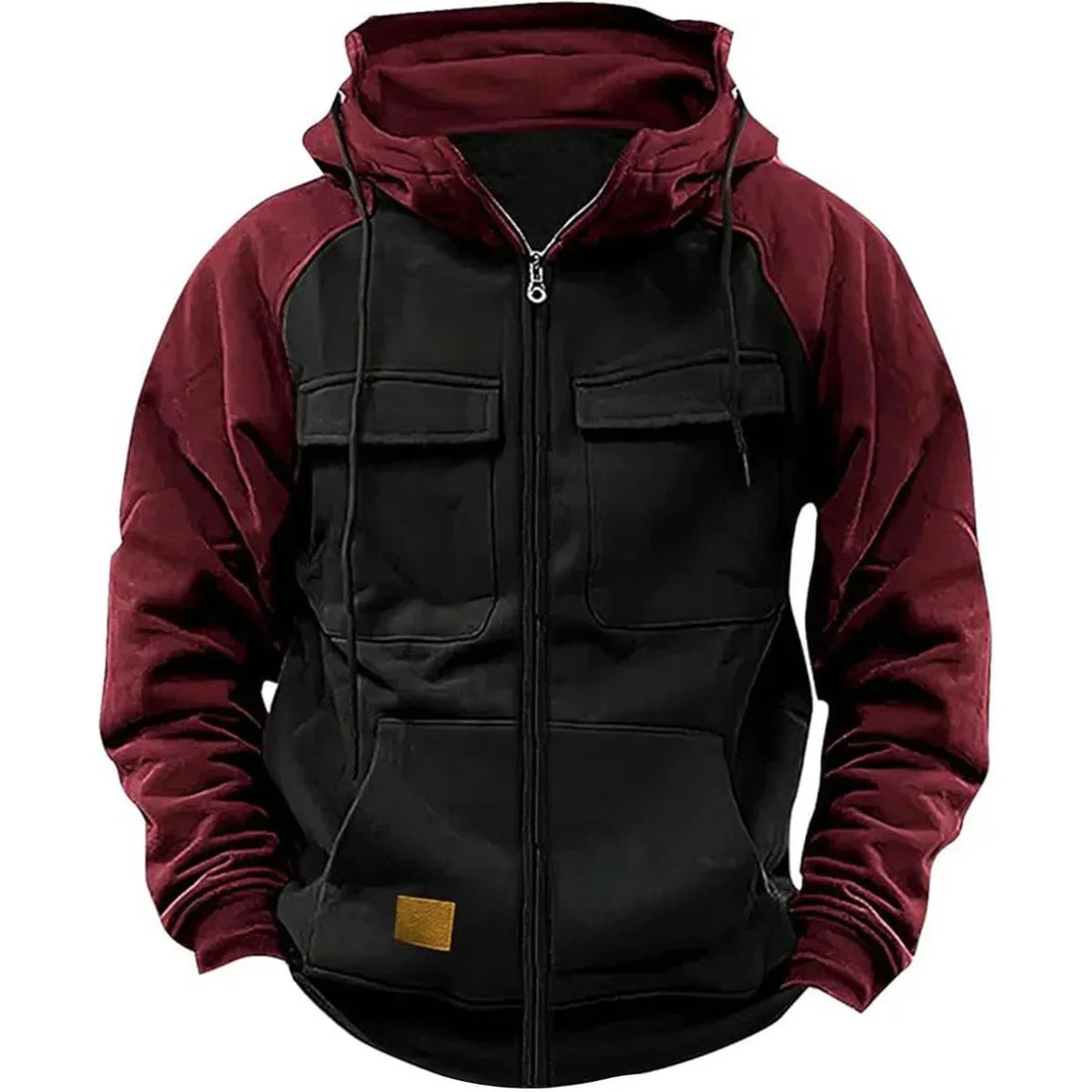 Black and maroon hoodie with multiple pockets on a white background