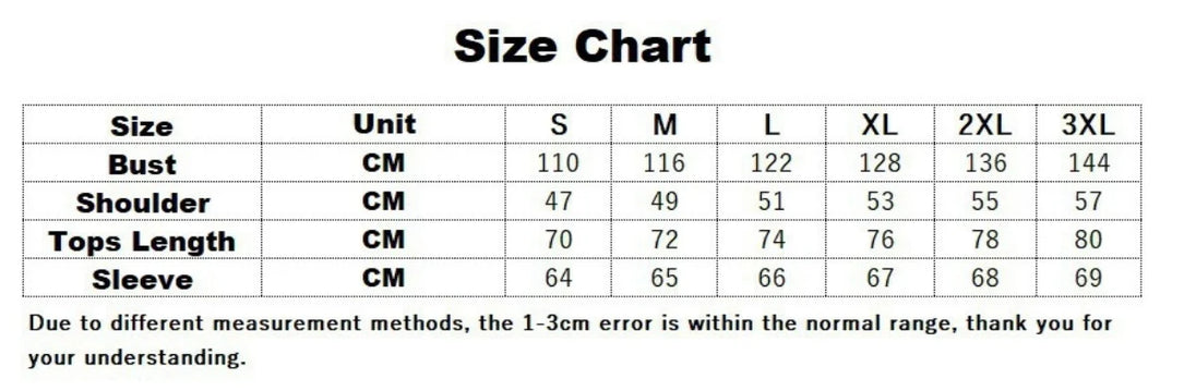 Size chart for clothing measurements in centimeters with a clear background.