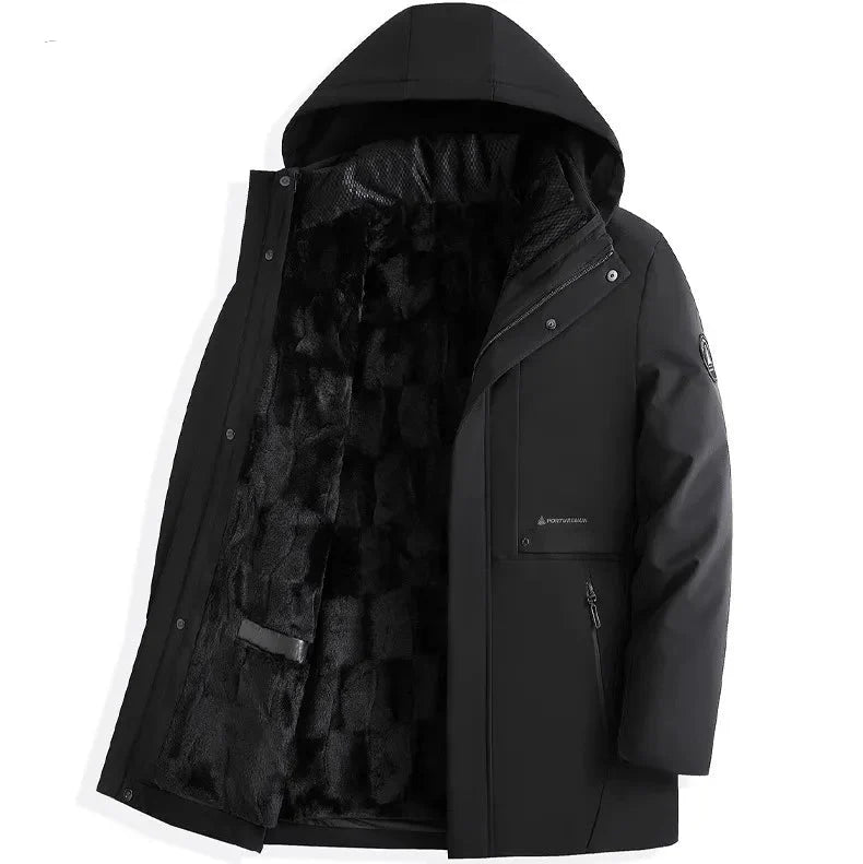 Black winter jacket with fur lining on a white background
