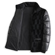 Black puffer jacket with fur trim on a white background