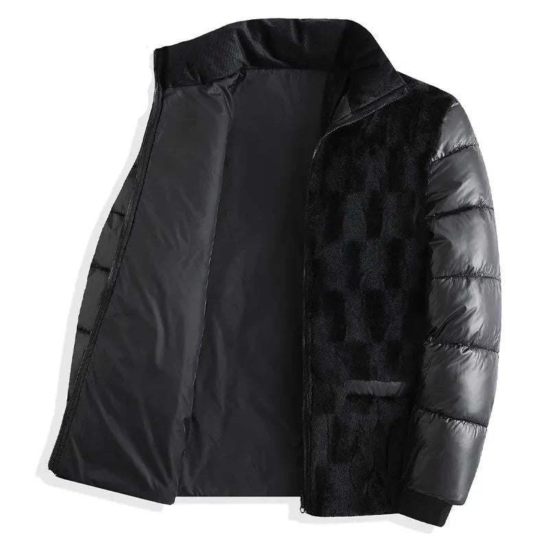 Black puffer jacket with fur trim on a white background