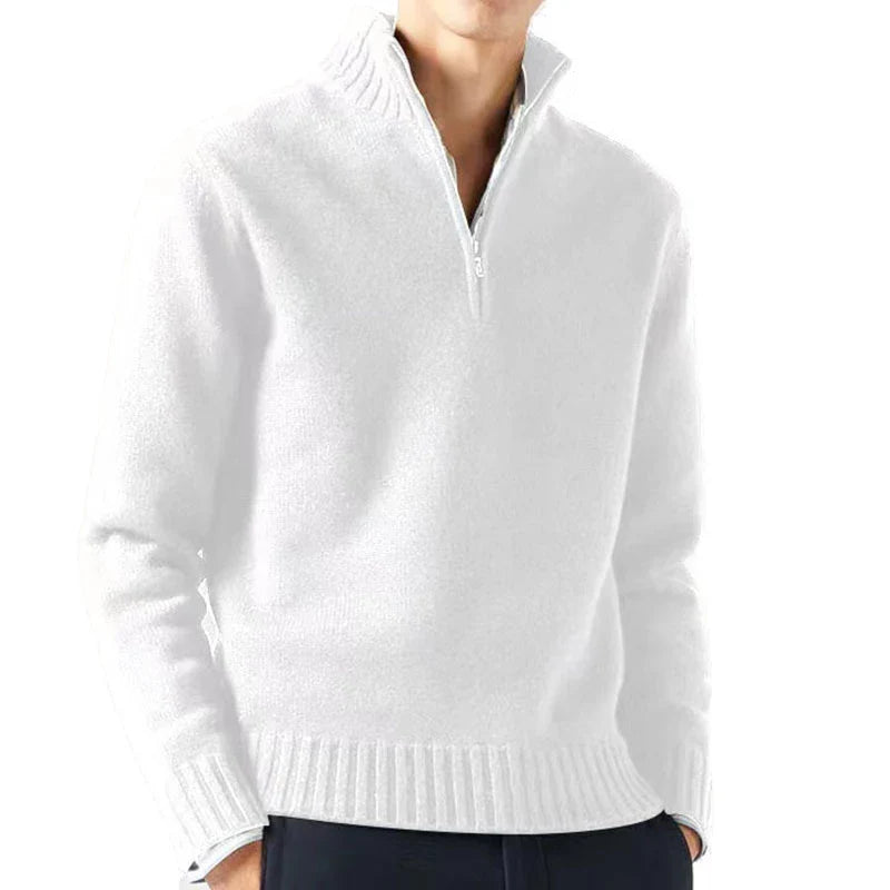 White half-zip sweater worn by a person on a white background