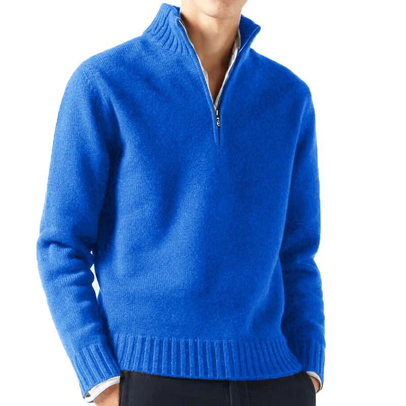 Blue sweater with a zipper on a white background