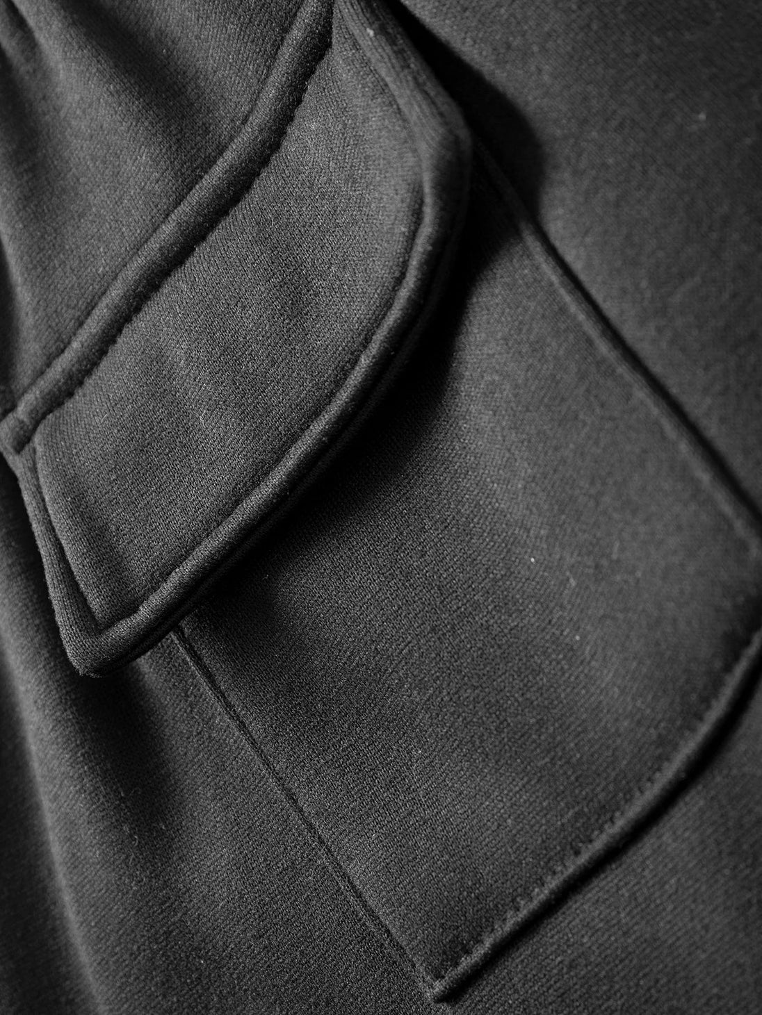 Close-up of a black coat with a collar and button detail.