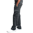 Person wearing dark gray cargo pants on a white background
