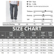Size chart for pants with a person wearing gray pants and size chart details.