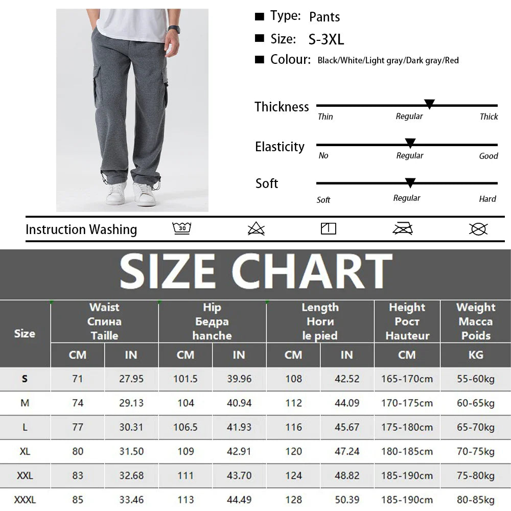 Size chart for pants with a person wearing gray pants and size chart details.