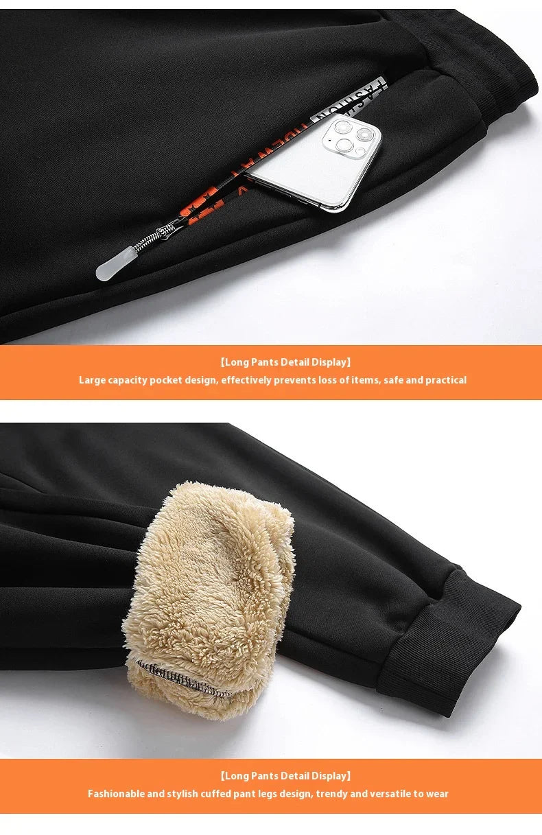 Black pants with a large capacity pocket and beige leg warmers on a white background