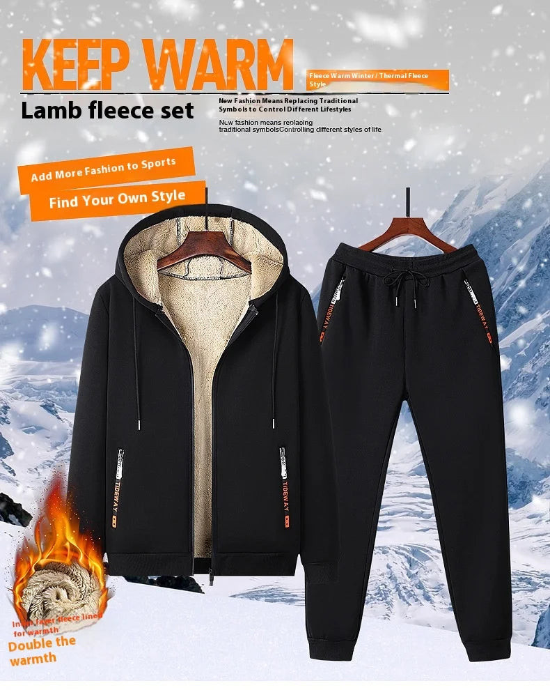 Black fleece set with hood and pants on a snowy background, featuring text about warmth and style.