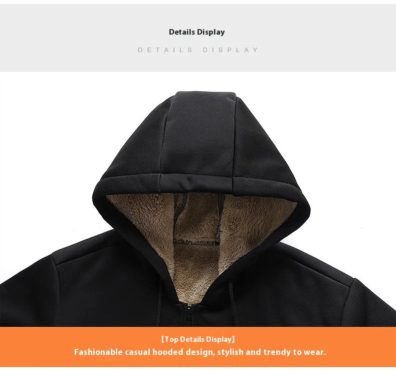 Black hooded jacket with brown lining on a white background