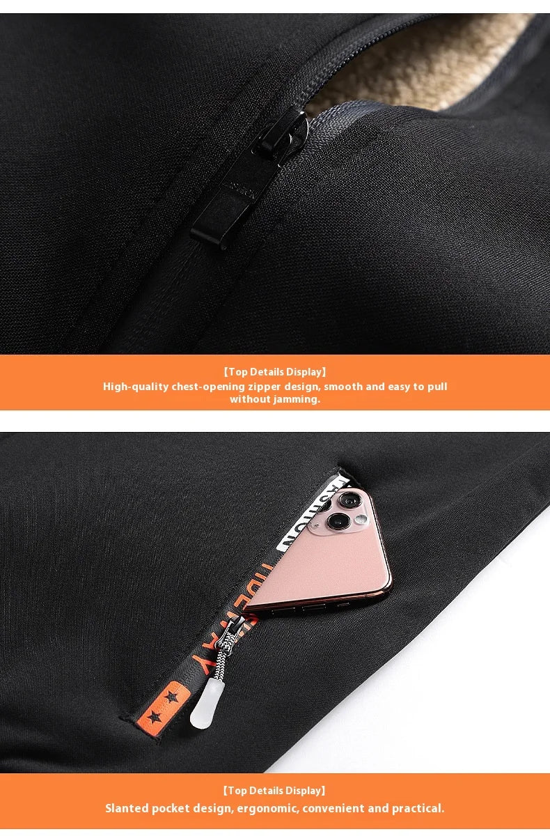 Black jacket with zipper pocket and phone case on a white background