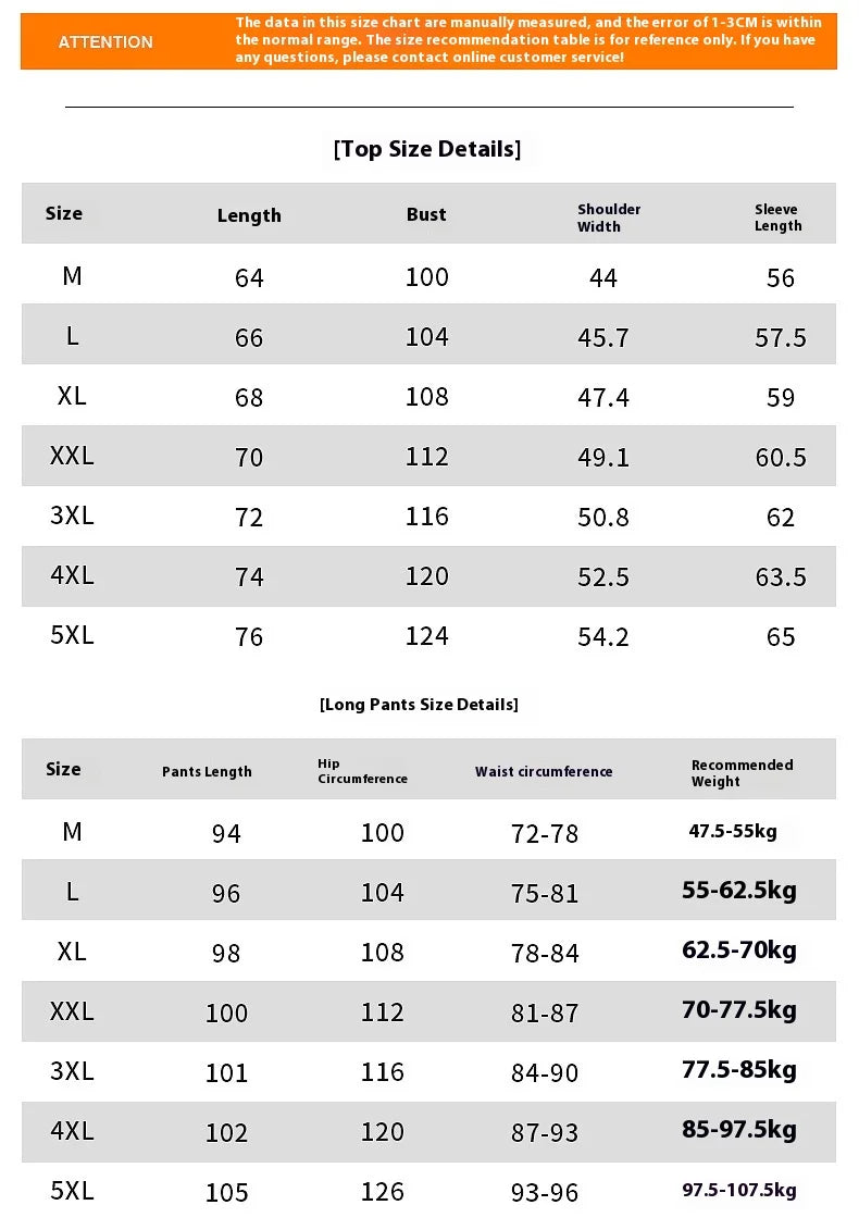 Size chart for tops and pants with measurements and weight recommendations.