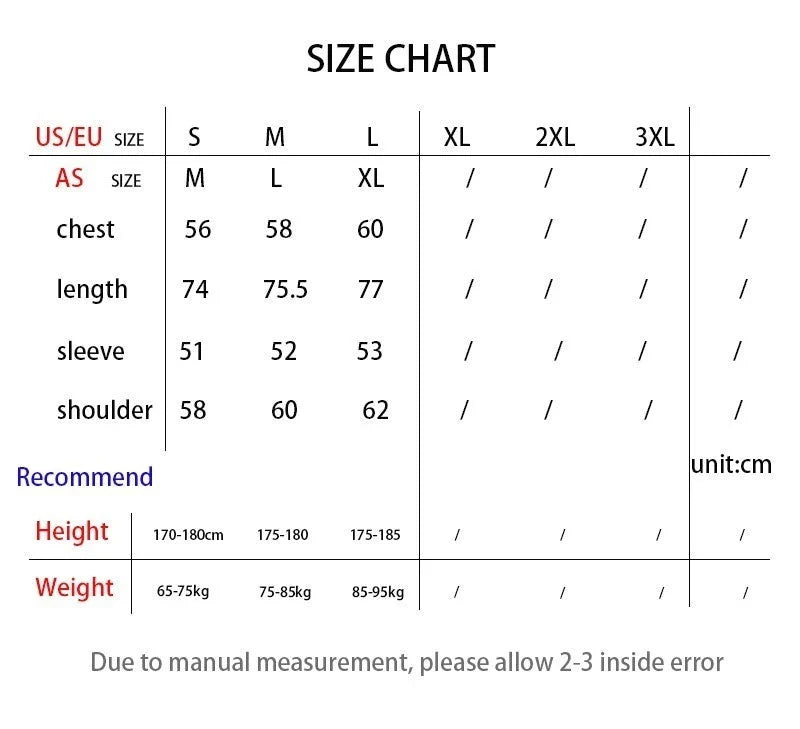 Size chart for clothing with measurements in US/EU, AS, and recommended height and weight.