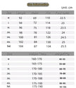 Size chart with measurements for clothing and height/weight for a person
