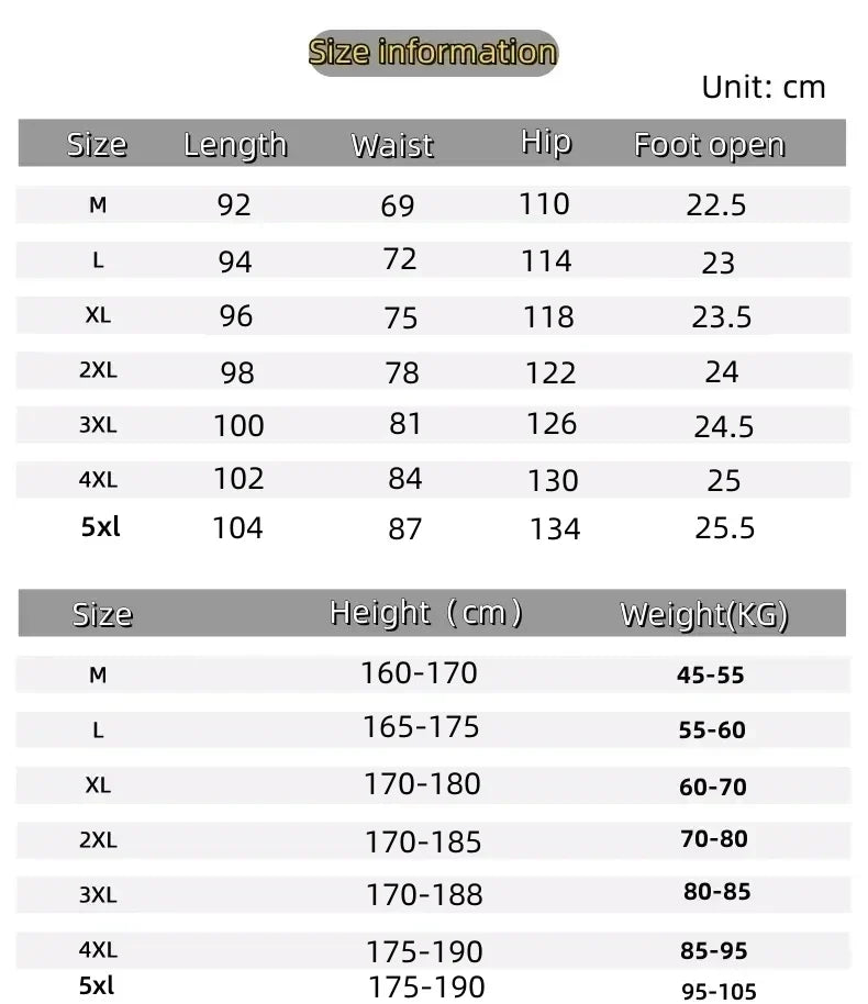 Size chart with measurements for clothing and height/weight for a person