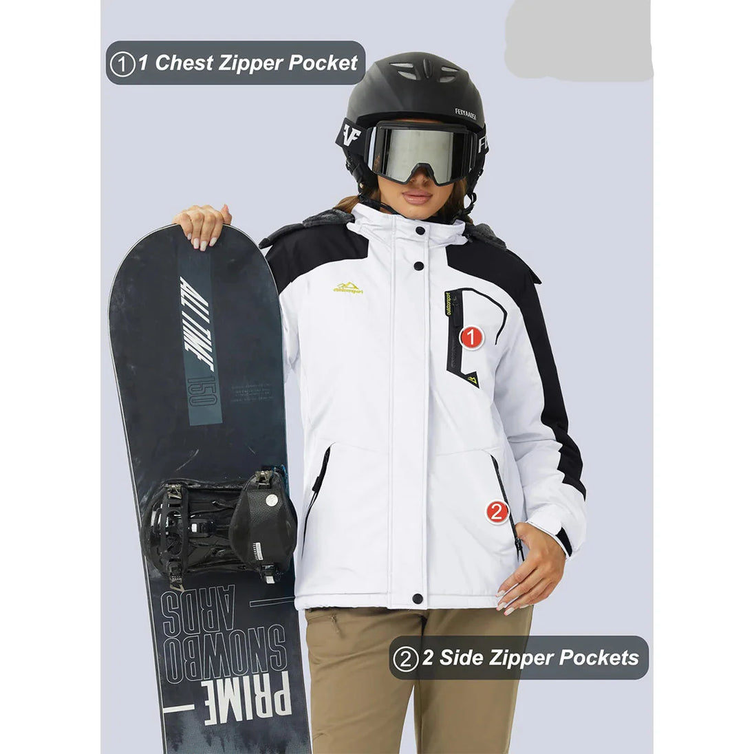 Person wearing a white and black jacket with a snowboard, holding a helmet and goggles, on a light gray background with Magcomsen branding.