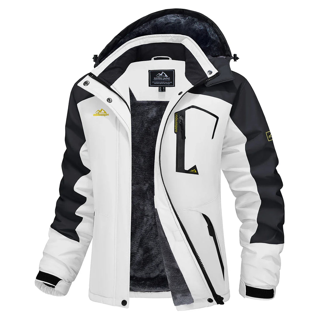 White and black jacket with brand logo on a white background