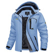 Light blue winter jacket with black interior on a white background