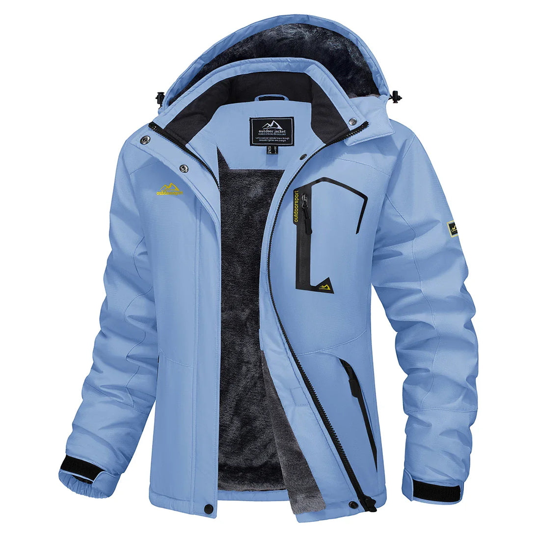 Light blue winter jacket with black interior on a white background