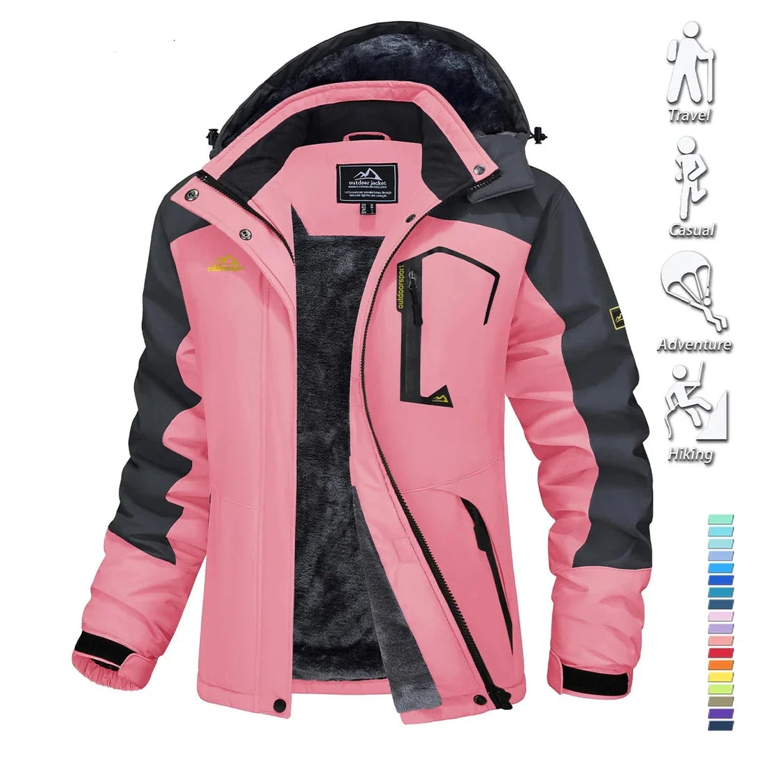 Pink and black jacket with visible brand logo on a white background