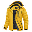 Yellow winter jacket with black accents on a white background