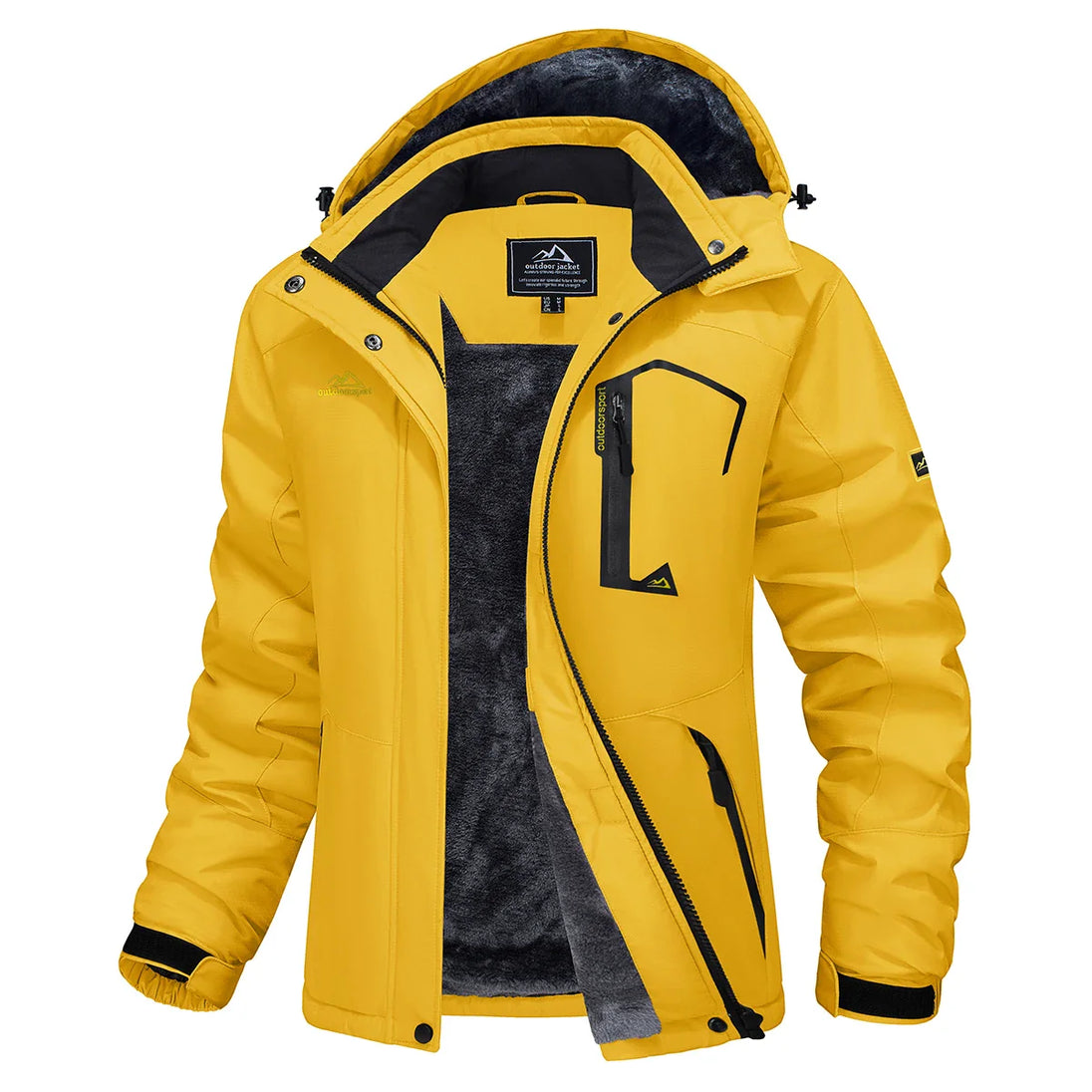 Yellow winter jacket with black accents on a white background