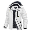 White winter jacket with black accents on a white background
