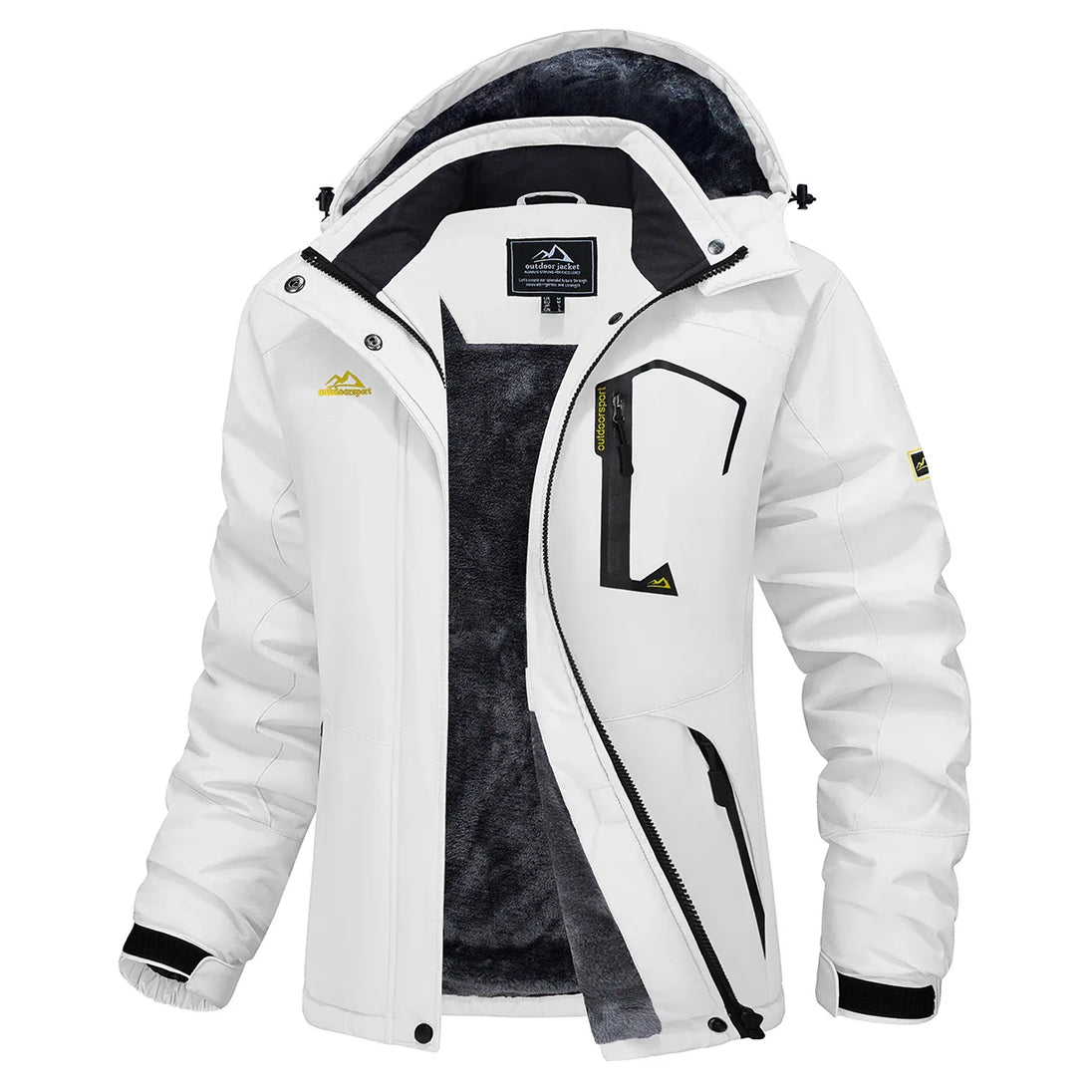White winter jacket with black accents on a white background