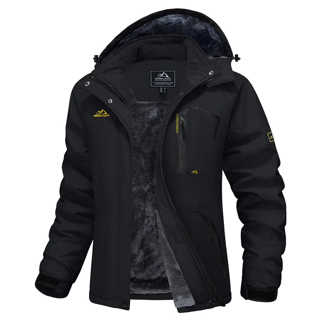 Black winter jacket with gray lining on a white background