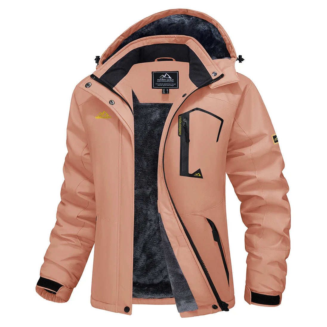 Pink winter jacket with black interior lining on a white background