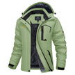 Green winter jacket with black interior on a white background