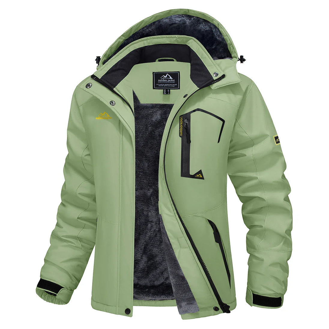 Green winter jacket with black interior on a white background