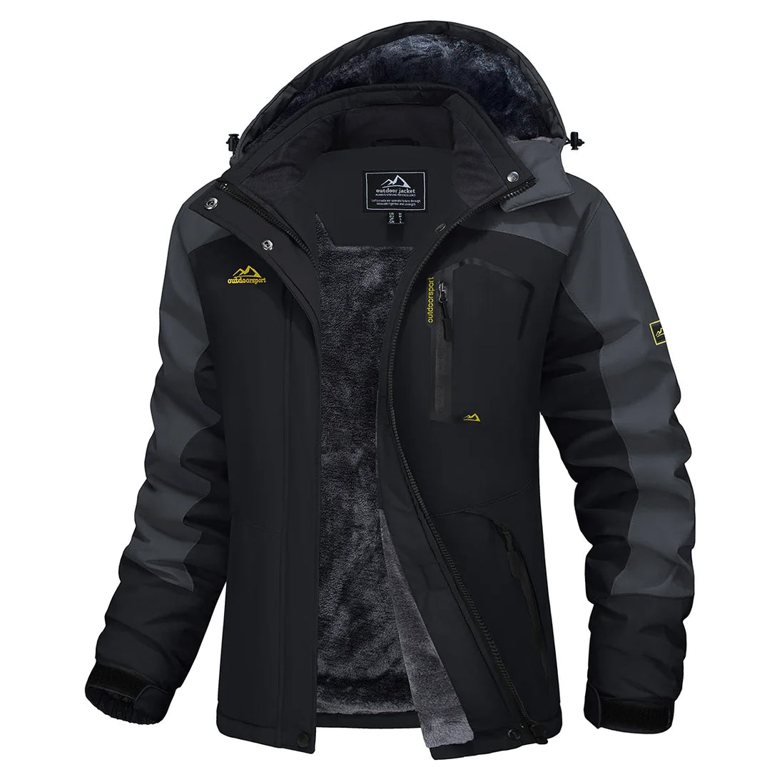 Black and gray winter jacket with visible brand logo on a white background