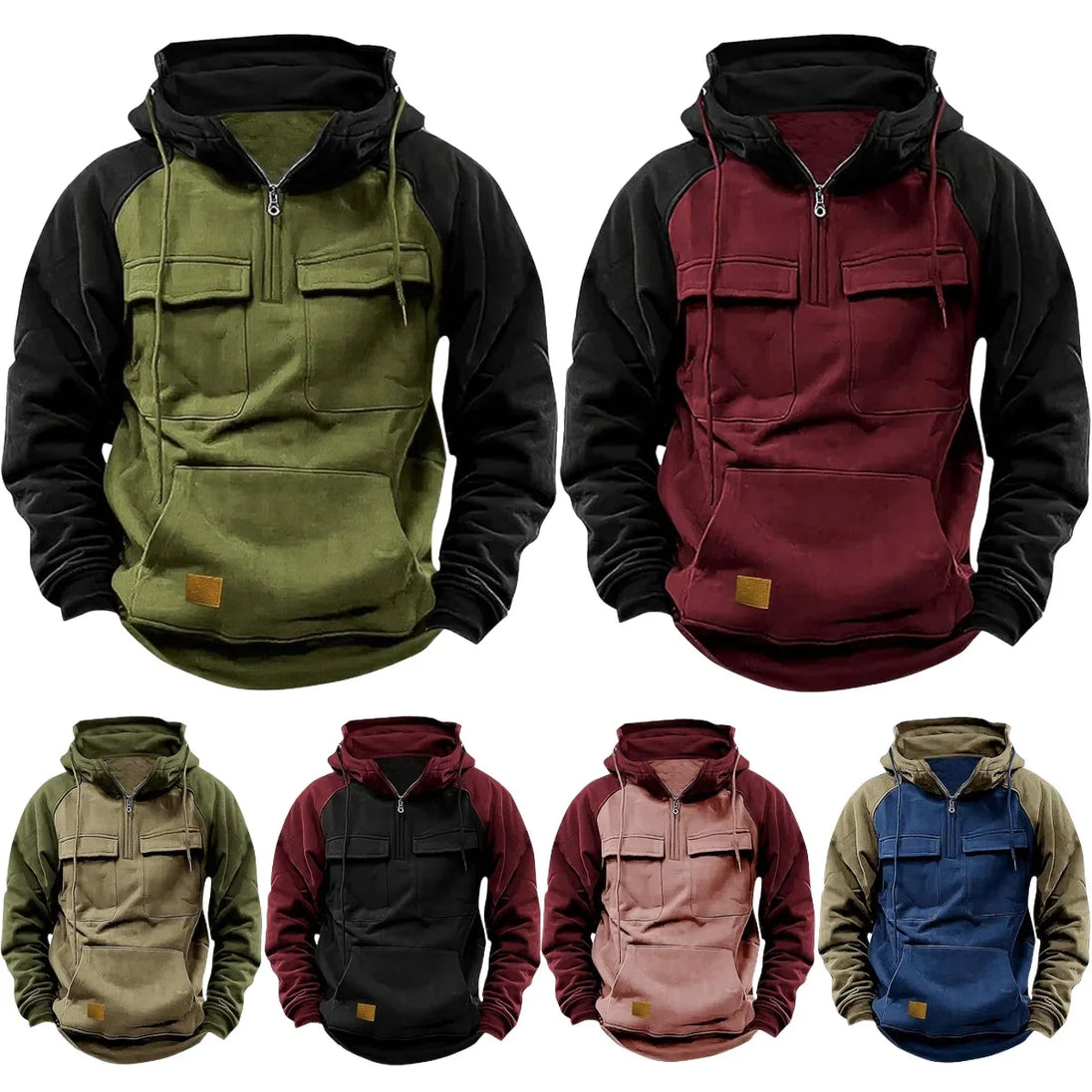 Collection of various hoodies in different colors on a white background