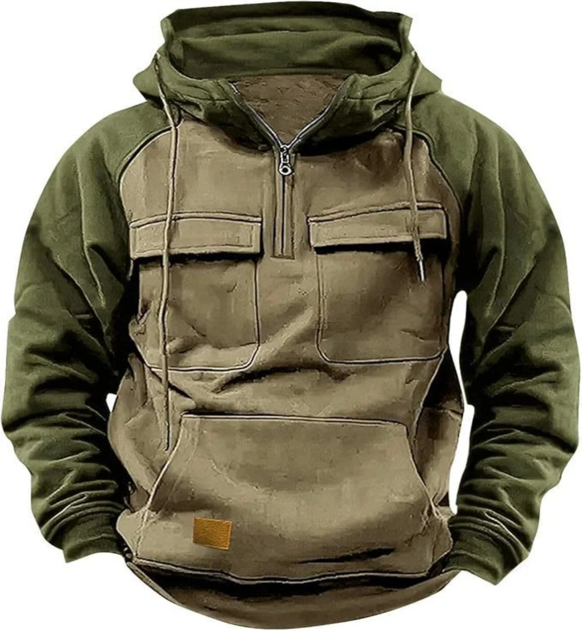 Green and brown hooded jacket with front pocket on a white background