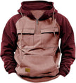 Brown and burgundy hoodie with front pocket on a white background