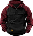 Two-tone maroon and black hoodie with a visible brand logo on a white background