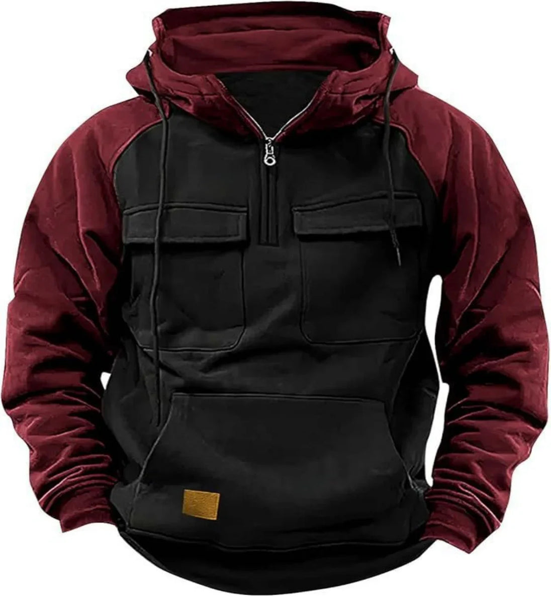 Two-tone maroon and black hoodie with a visible brand logo on a white background