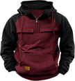Maroon and black hoodie with a zipper on a white background