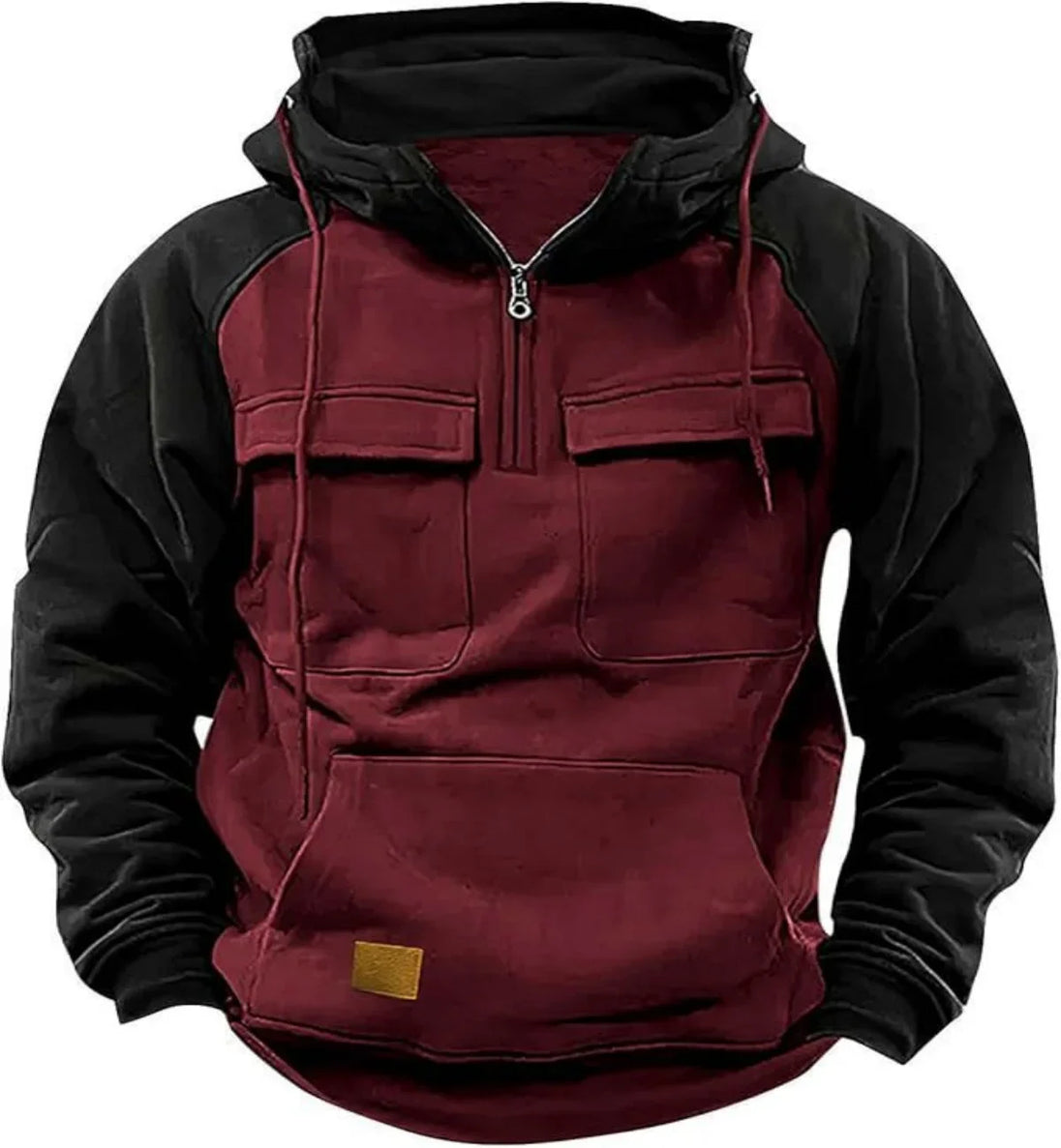Maroon and black hoodie with a zipper on a white background