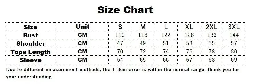 Size chart for clothing measurements in centimeters with a clear background.